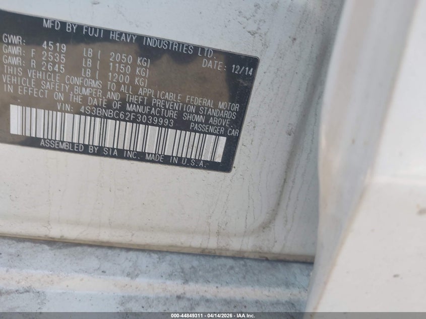 2015 Subaru Legacy 2.5I Premium VIN: 4S3BNBC62F3039993 Lot: 44849311