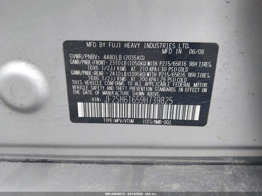 2009 Subaru Forester 2.5X VIN: JF2SH61659H739825 Lot: 44849312