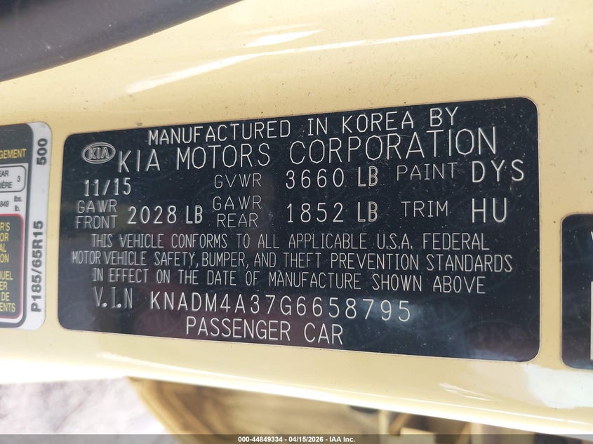 2016 Kia Rio Lx VIN: KNADM4A37G6658795 Lot: 44849334