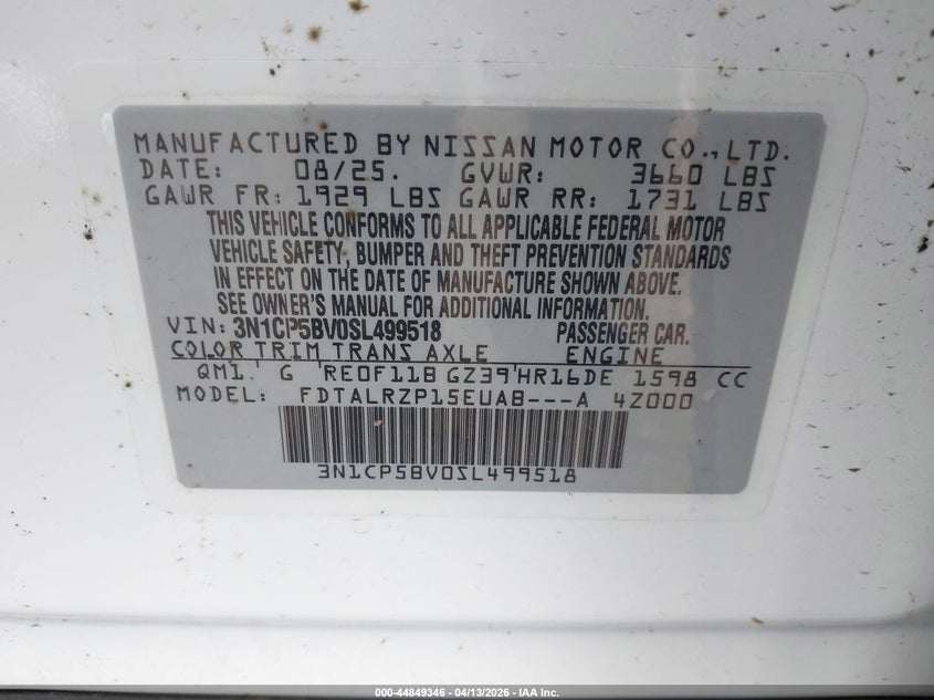 VIN 3N1CP5BV0SL499518 2025 NISSAN KICKS PLAY S