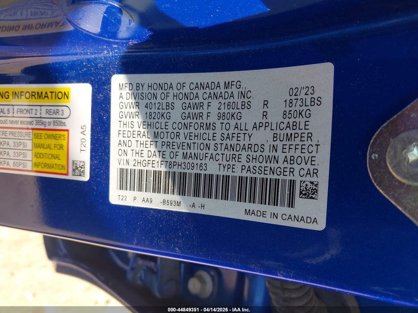 2023 Honda Civic 1.5 Ex Ex W O Bsi blue Lot 111044849351 Vin 2HGFE1F78PH309163