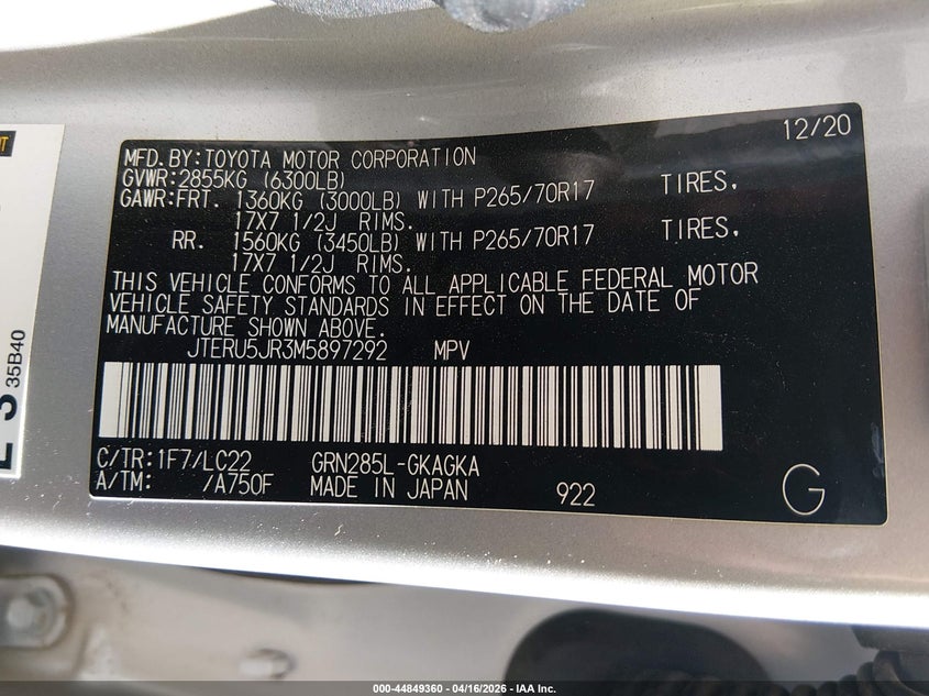 VIN JTERU5JR3M5897292 2021 TOYOTA 4RUNNER TRD OFF ROAD PREMIUM