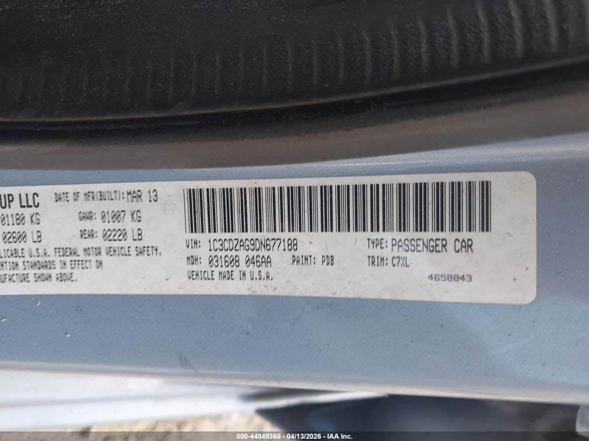 2013 Dodge Avenger Se V6 VIN: 1C3CDZAG9DN677188 Lot: 44849366