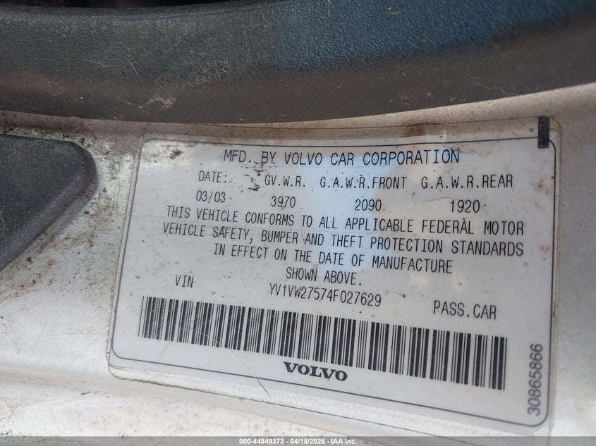 2004 Volvo V40 A/Lse VIN: YV1VW27574F027629 Lot: 44849373