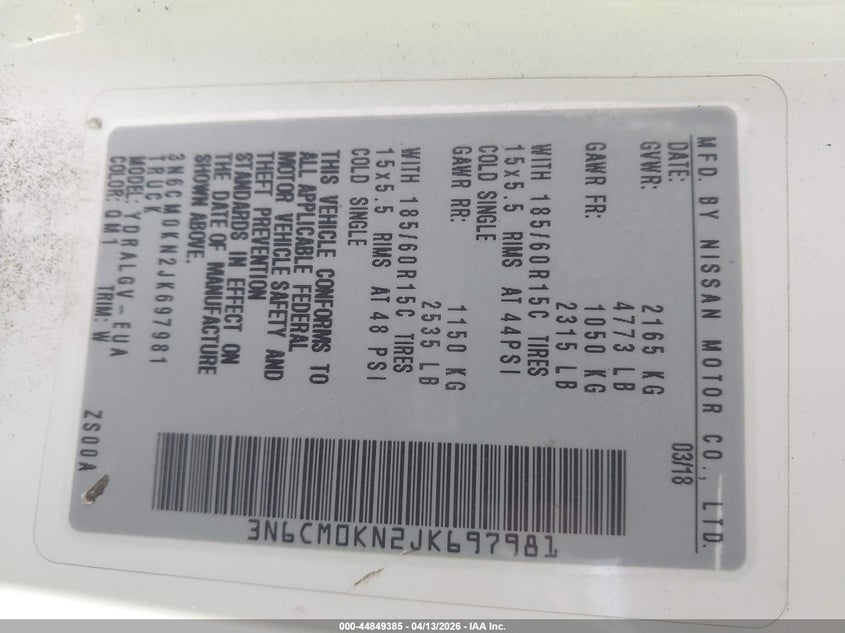 2018 Nissan Nv200 Sv VIN: 3N6CM0KN2JK697981 Lot: 44849385