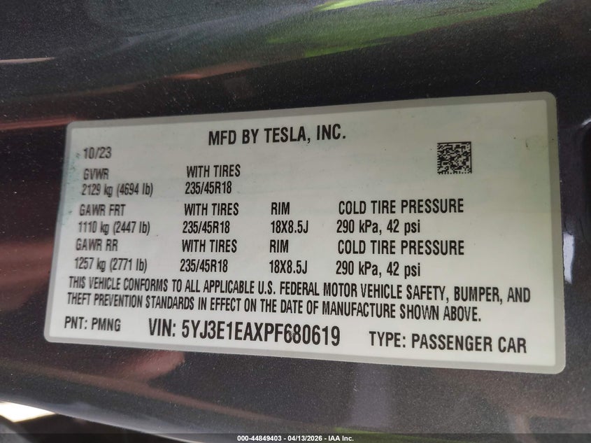 5YJ3E1EAXPF680619 2023 Tesla Model 3 Rear-Wheel Drive grey