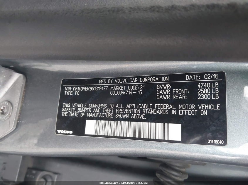 2016 Volvo V60 T5 Drive-E Premier VIN: YV140MEK9G1319477 Lot: 44849427