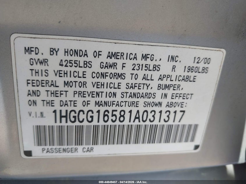 2001 Honda Accord 3.0 Ex VIN: 1HGCG16581A031317 Lot: 44849457
