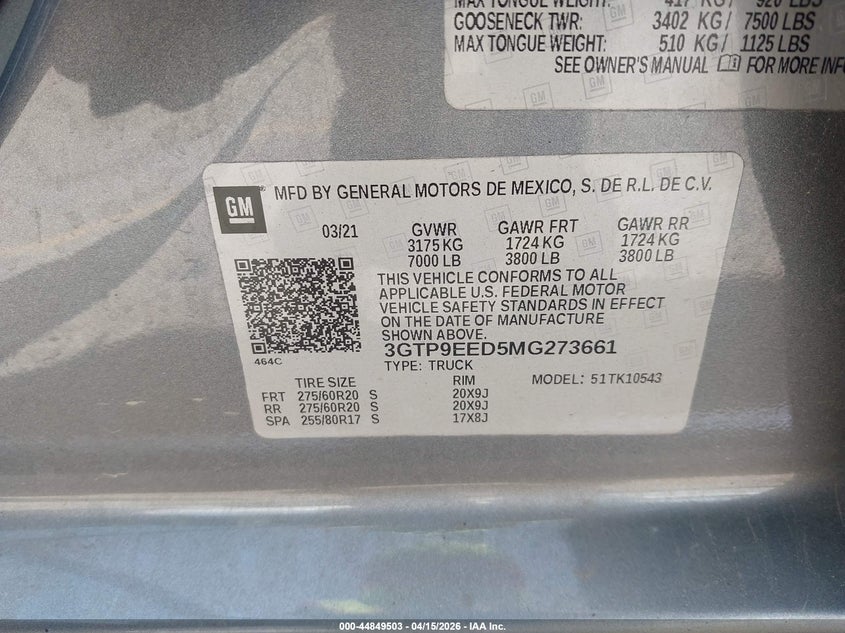 2021 Gmc SIERRA 5.3 1500 4Wd Short Box At4 grey Lot 111044849503 Vin 3GTP9EED5MG273661