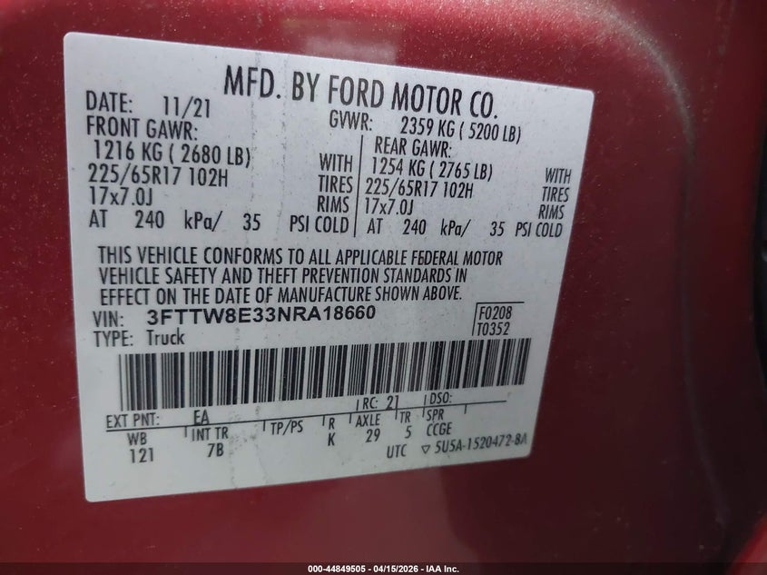 2022 Ford Maverick 2.5 Xlt red Lot 111044849505 Vin 3FTTW8E33NRA18660