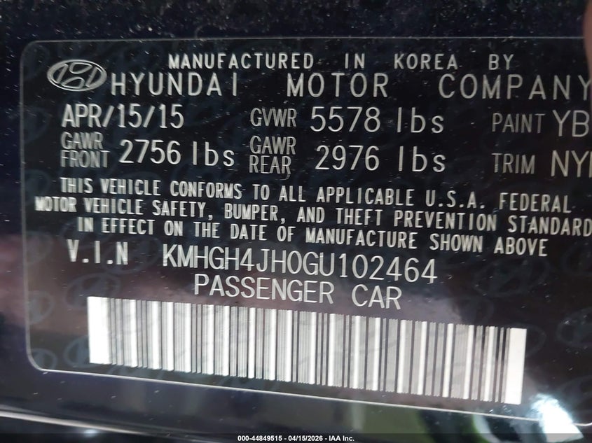 2016 Hyundai Equus Signature VIN: KMHGH4JH0GU102464 Lot: 44849515