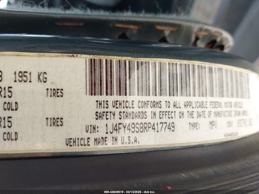 1994 Jeep Wrangler / Yj Sahara VIN: 1J4FY49S8RP417749 Lot: 44849519