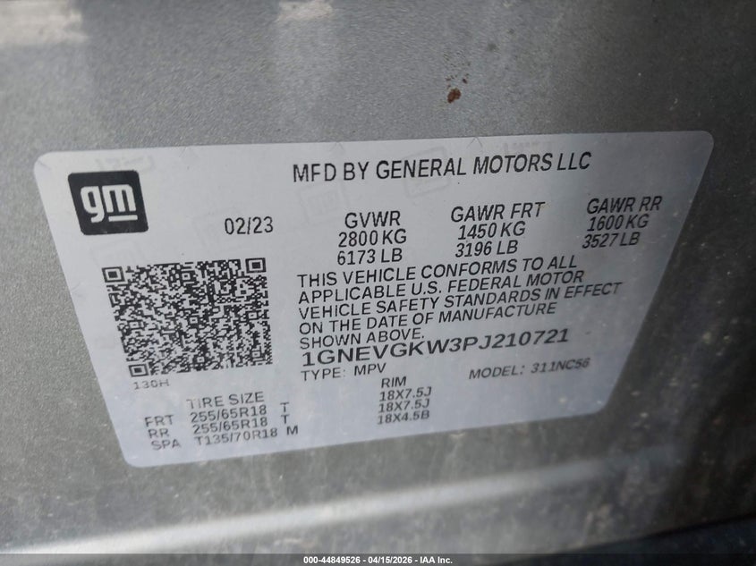 2023 Chevrolet Traverse Awd Lt Cloth VIN: 1GNEVGKW3PJ210721 Lot: 44849526