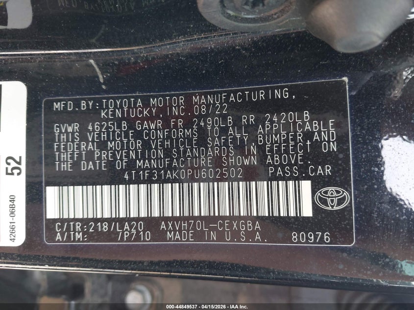 2023 Toyota Camry Xle Hybrid VIN: 4T1F31AK0PU602502 Lot: 44849537