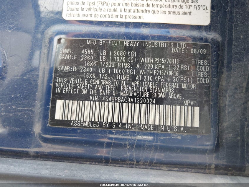 2010 Subaru Outback 2.5I VIN: 4S4BRBAC9A1320024 Lot: 44849549