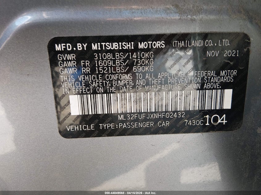2022 Mitsubishi Mirage G4 Le VIN: ML32FUFJXNHF02432 Lot: 44849568
