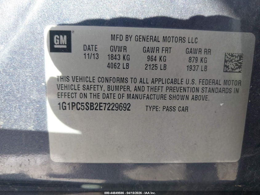 2014 Chevrolet Cruze 1Lt Auto VIN: 1G1PC5SB2E7229692 Lot: 44849586