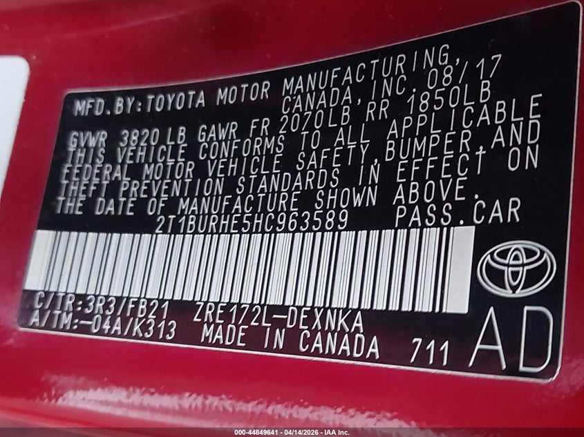 2017 Toyota Corolla 1.8 Le brown Lot 111044849641 Vin 2T1BURHE5HC963589