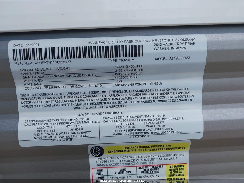 2022 DUTCHMAN TRAVEL TRAILER (VIN: 4YDTATH11N8920122