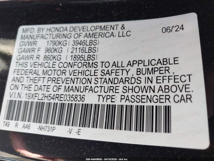 2024 Honda Civic Lx VIN: 19XFL2H54RE035836 Lot: 44849650