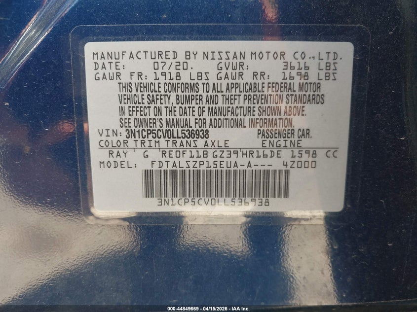 2020 Nissan Kicks Sv Xtronic Cvt VIN: 3N1CP5CV0LL536938 Lot: 44849669