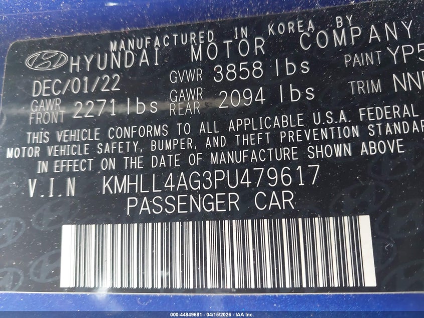 2023 Hyundai Elantra Se VIN: KMHLL4AG3PU479617 Lot: 44849681