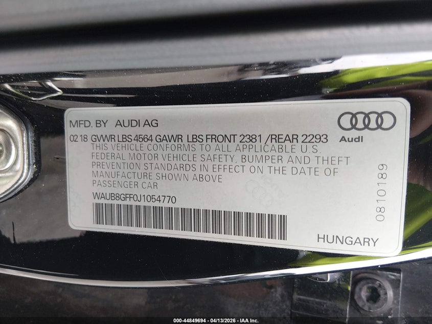 2018 Audi A3 2.0T Premium VIN: WAUB8GFF0J1054770 Lot: 44849694