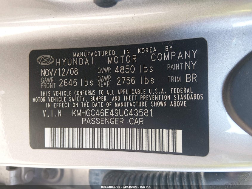 2009 Hyundai Genesis 3.8 VIN: KMHGC46E49U043581 Lot: 44849700