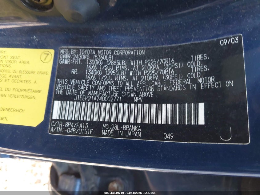 2004 Toyota Highlander V6 VIN: JTEEP21A740002771 Lot: 44849719