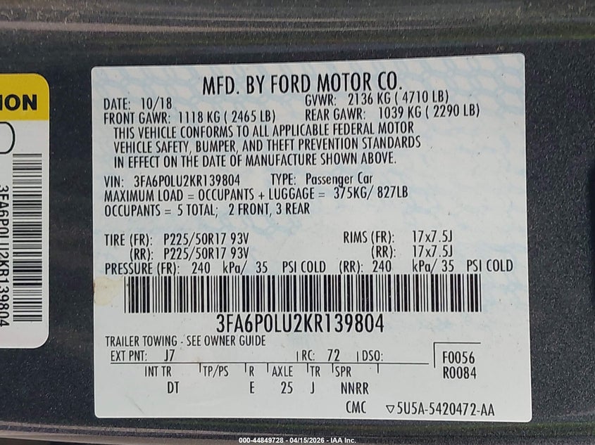 2019 Ford Fusion 2.0 Hybrid Se grey Lot 111044849728 Vin 3FA6P0LU2KR139804