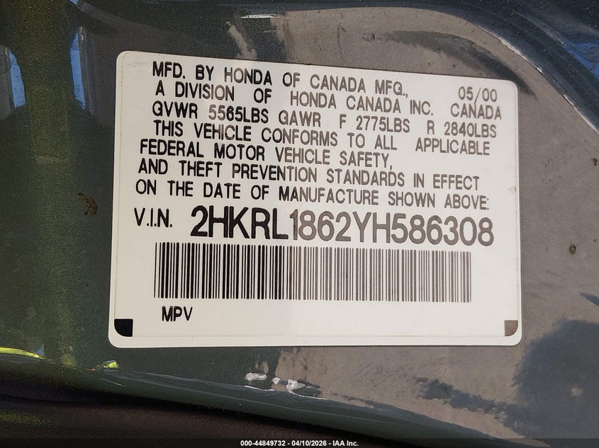 2000 Honda Odyssey Ex VIN: 2HKRL1862YH586308 Lot: 44849732