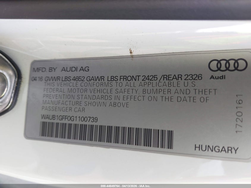 2016 Audi S3 2.0T Premium Plus VIN: WAUB1GFF0G1100739 Lot: 44849764