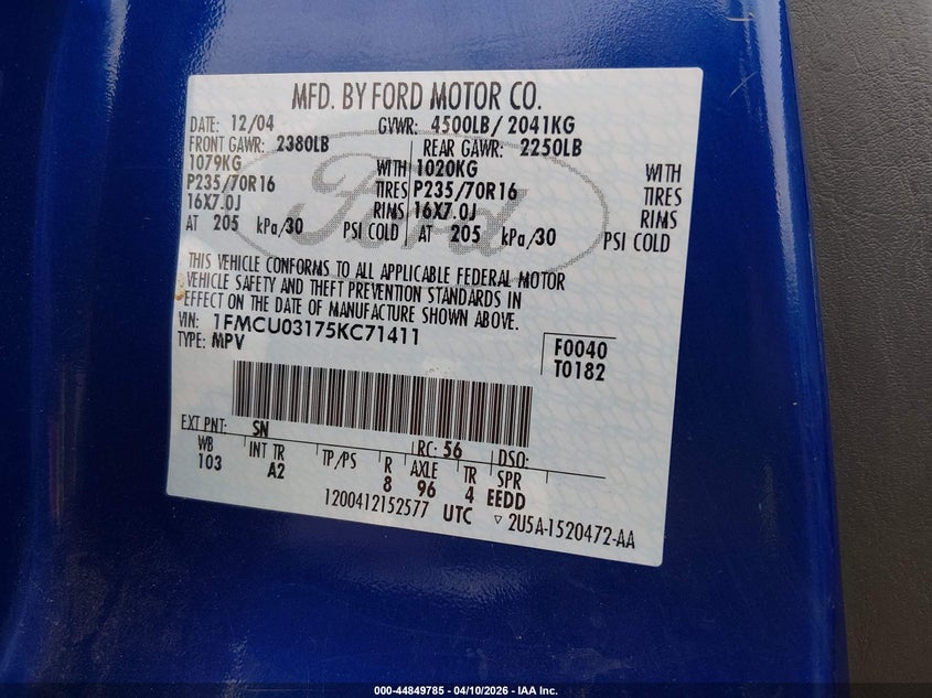 2005 Ford Escape Xlt VIN: 1FMCU03175KC71411 Lot: 44849785