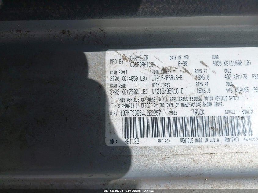 1998 Dodge Ram 3500 St VIN: 1B7MF3360WJ222297 Lot: 44849793