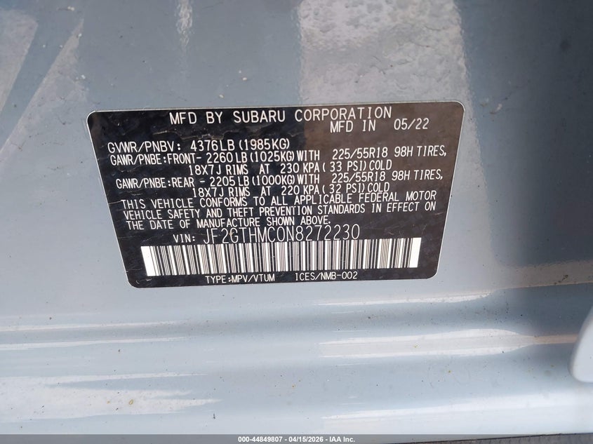 2022 Subaru Crosstrek Limited VIN: JF2GTHMC0N8272230 Lot: 44849807