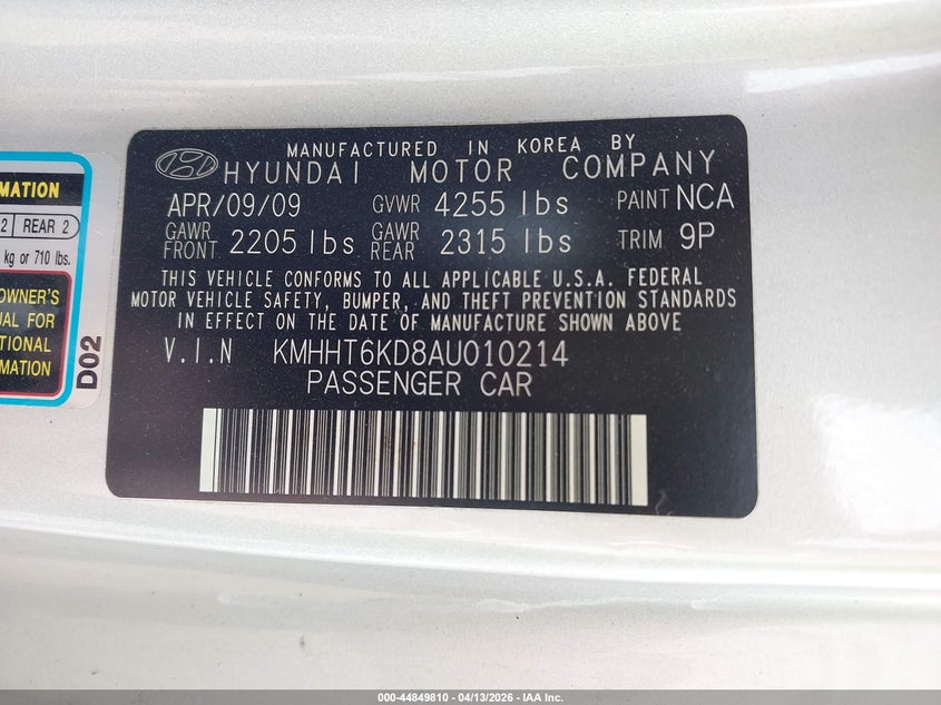 2010 Hyundai Genesis 2.0T/2.0T Premium/2.0T R-Spec/2.0T Track VIN: KMHHT6KD8AM010214 Lot: 44849810