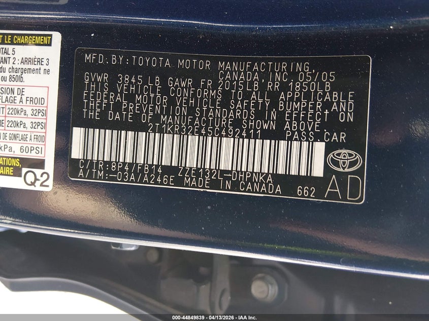 2005 Toyota Matrix Xr VIN: 2T1KR32E45C492411 Lot: 44849839