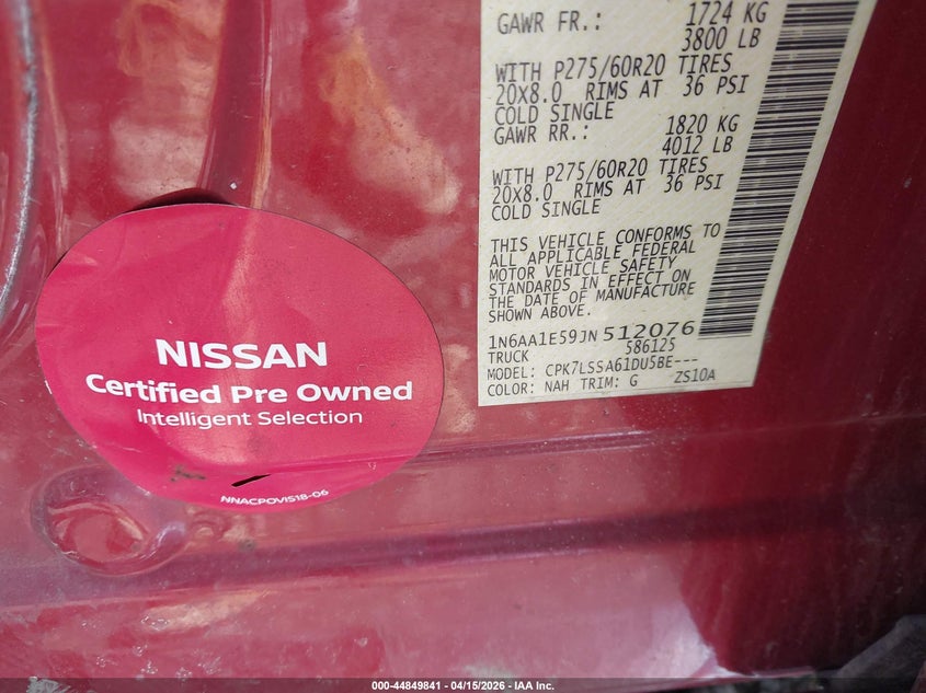 2018 Nissan Titan Sv VIN: 1N6AA1E59JN512076 Lot: 44849841