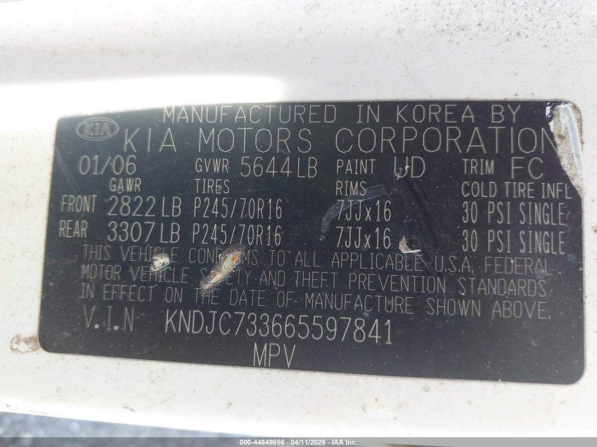 2006 Kia Sorento Ex/Lx VIN: KNDJC733665597841 Lot: 44849856