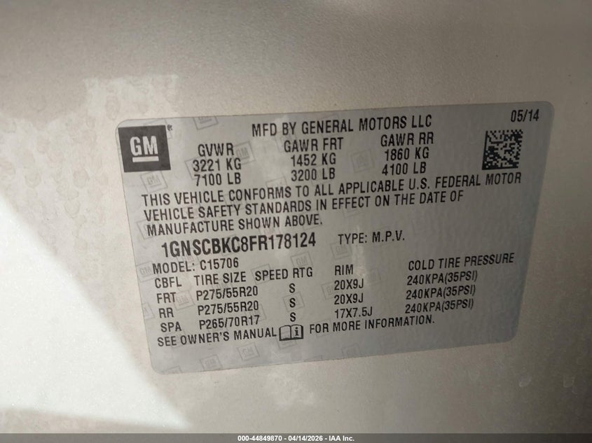 2015 Chevrolet Tahoe Lt VIN: 1GNSCBKC8FR178124 Lot: 44849870