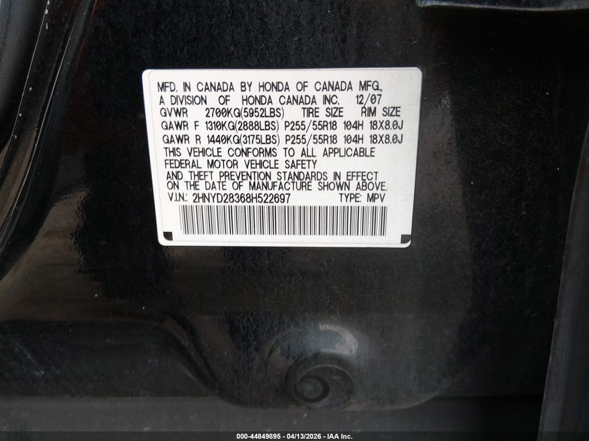 2008 Acura Mdx Technology Package VIN: 2HNYD28368H522697 Lot: 44849895