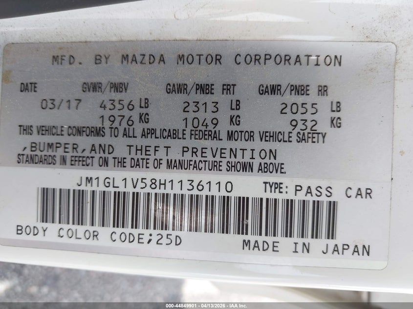 2017 Mazda Mazda6 Touring VIN: JM1GL1V58H1136110 Lot: 44849901