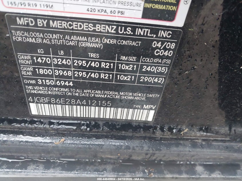2008 Mercedes-Benz Gl 550 4Matic VIN: 4JGBF86E28A412155 Lot: 44849904