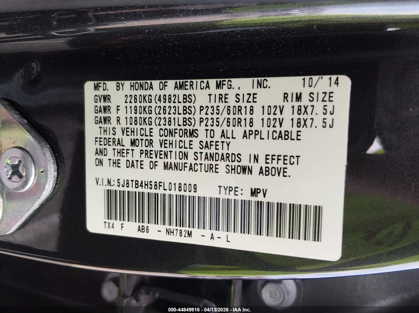 2015 Acura Rdx VIN: 5J8TB4H58FL018009 Lot: 44849916