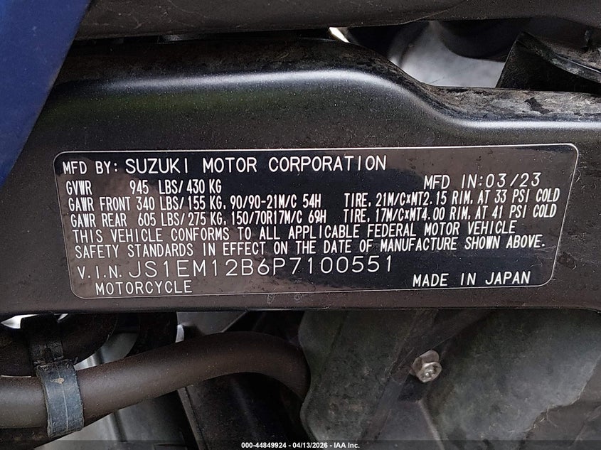 2023 Suzuki Dl800De Rc/Rca VIN: JS1EM12B6P7100551 Lot: 44849924