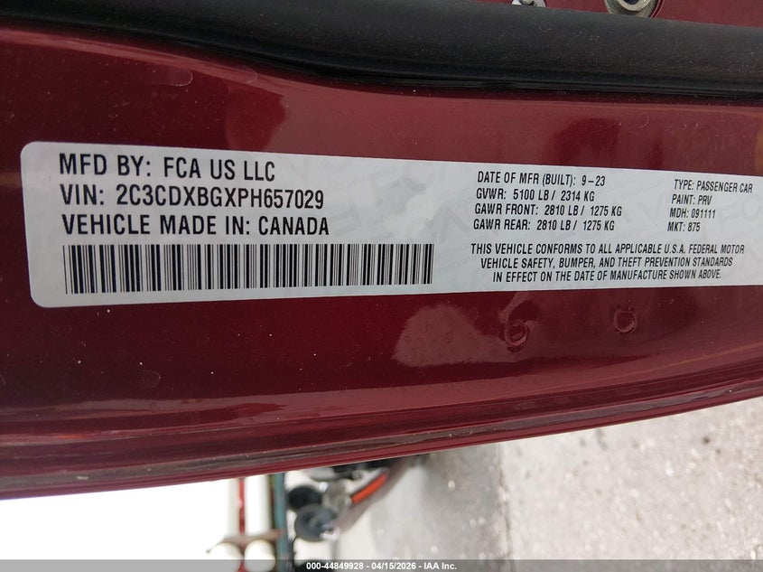2023 Dodge Charger Sxt VIN: 2C3CDXBGXPH657029 Lot: 44849928