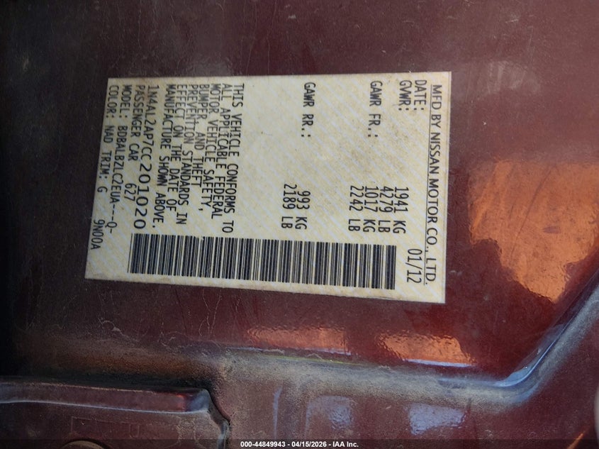 2012 Nissan Altima 2.5 S VIN: 1N4AL2AP7CC201020 Lot: 44849943