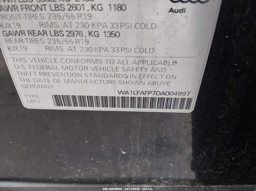 2013 Audi Q5 2.0T Premium VIN: WA1LFAFP7DA004997 Lot: 44849946