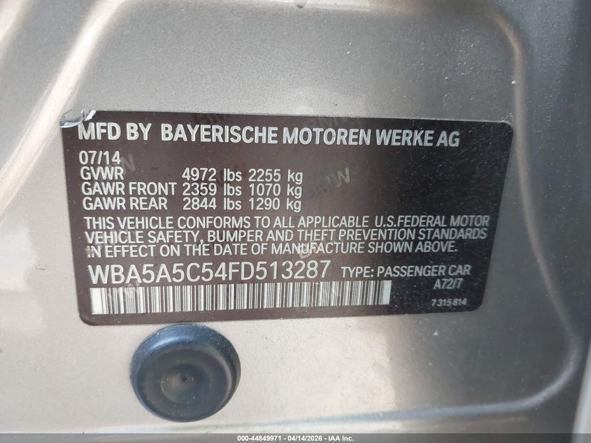 2015 BMW 528I VIN: WBA5A5C54FD513287 Lot: 44849971