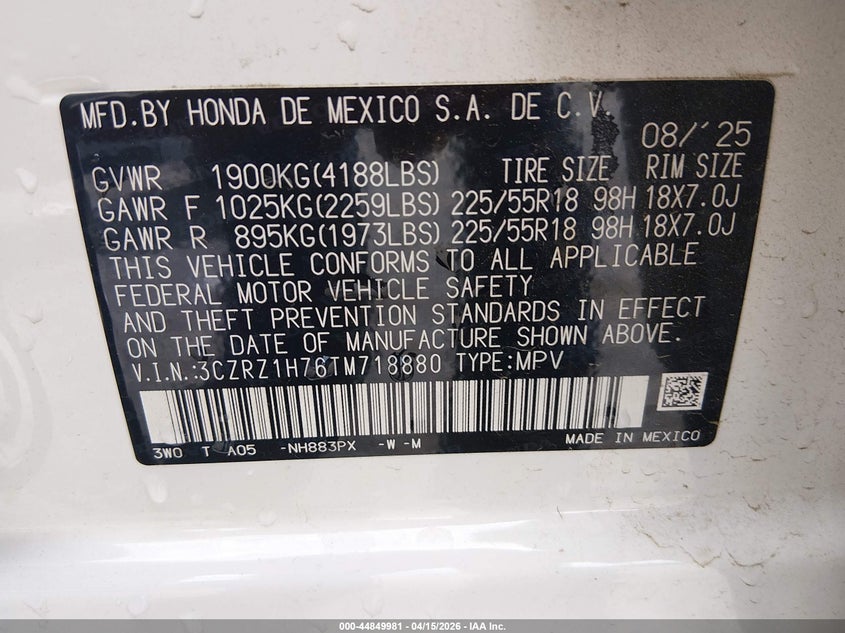 2026 Honda Hr-V 2Wd Ex-L VIN: 3CZRZ1H76TM718880 Lot: 44849981
